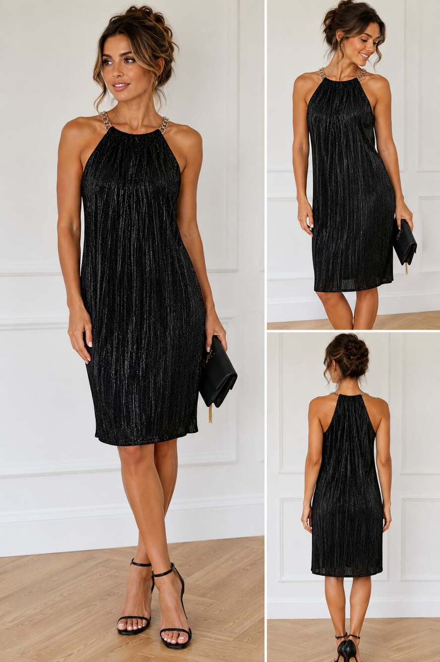 MICHAEL Michael Kors Black Pleated Shimmer Halter Dress with Chain Detail
